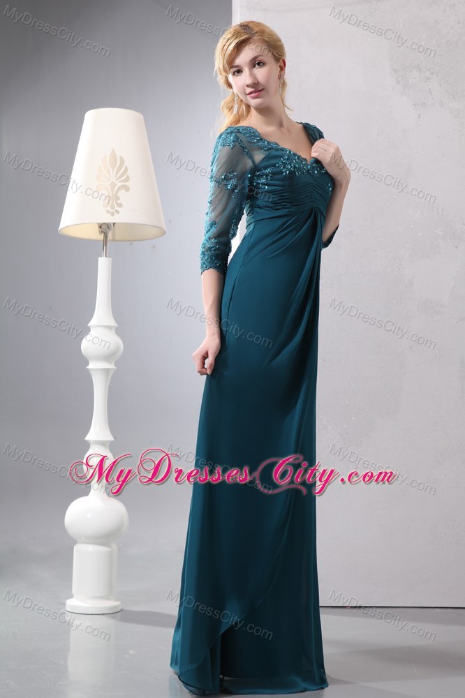 Beaded Lace Bodice Long Turquoise Mother of the Bride Dress