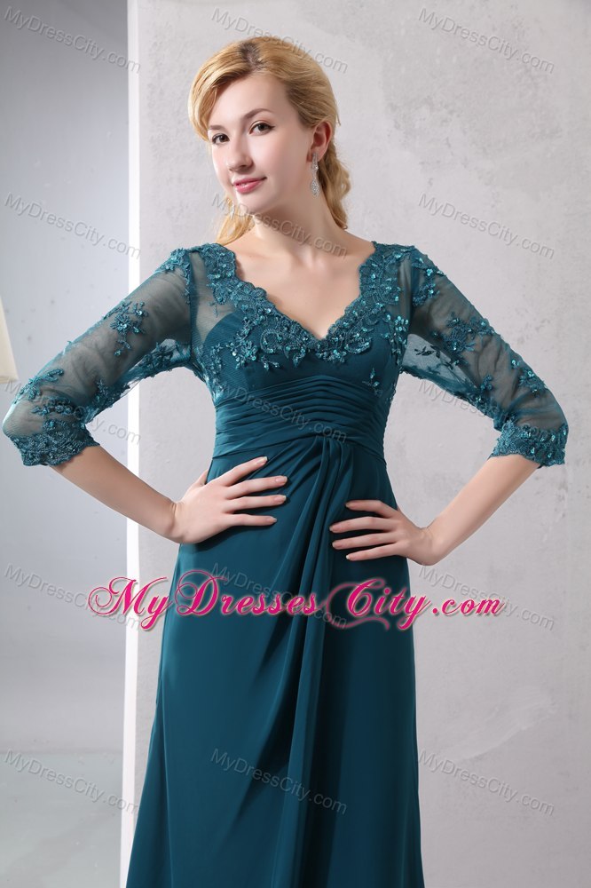 Beaded Lace Bodice Long Turquoise Mother of the Bride Dress
