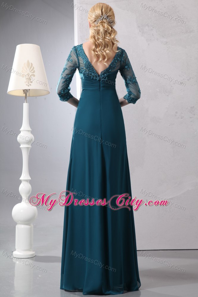 Beaded Lace Bodice Long Turquoise Mother of the Bride Dress