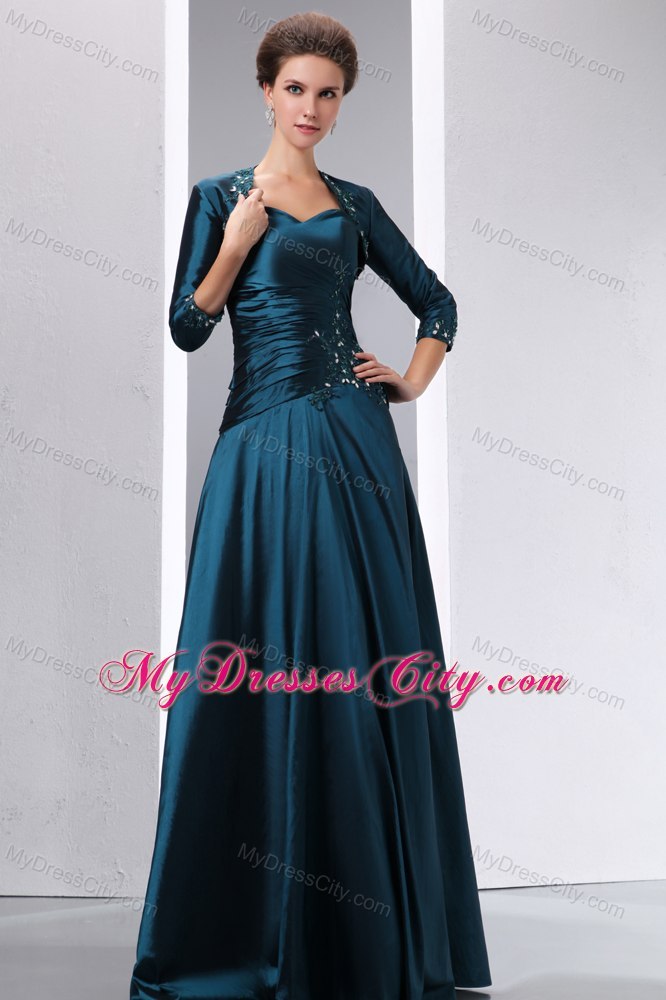 Ruched and Beaded Bodice Long Peacock Green Mother Bride Dress