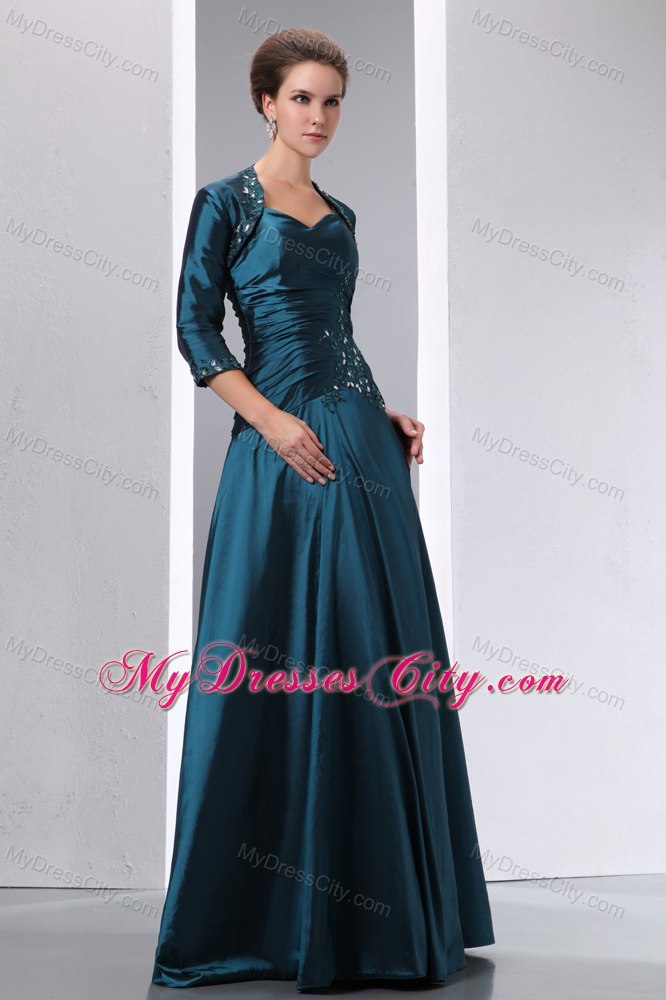 Ruched and Beaded Bodice Long Peacock Green Mother Bride Dress