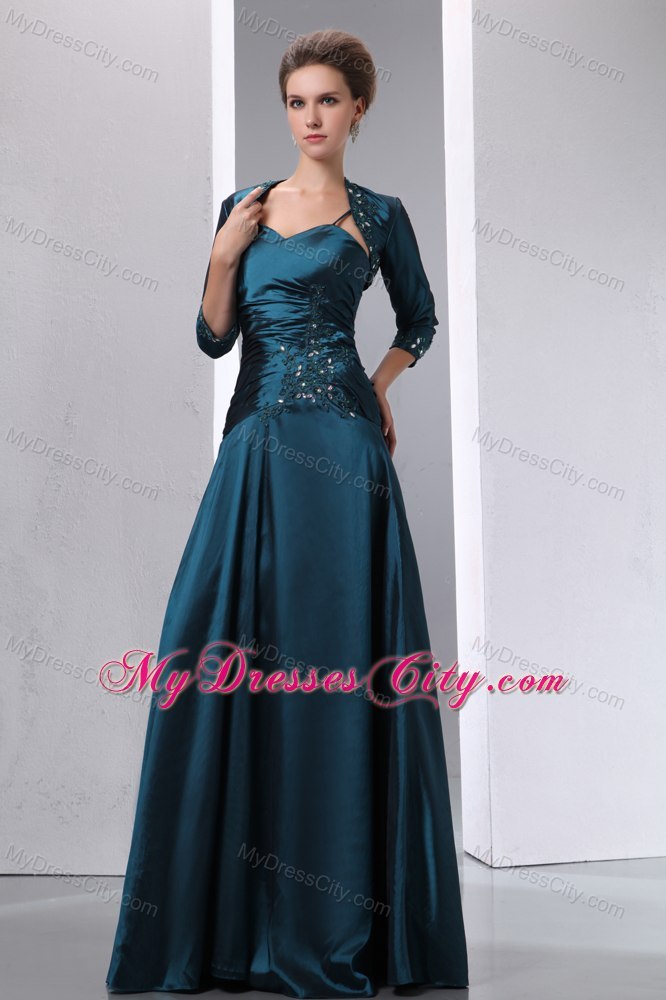 Ruched and Beaded Bodice Long Peacock Green Mother Bride Dress
