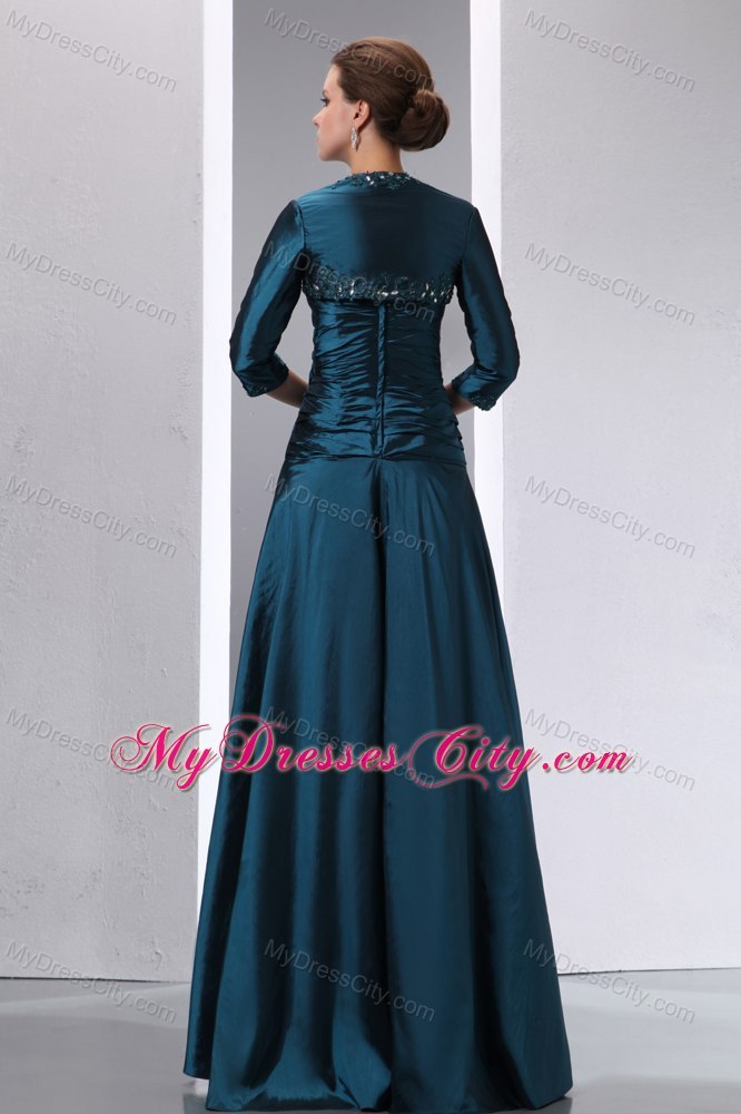 Ruched and Beaded Bodice Long Peacock Green Mother Bride Dress