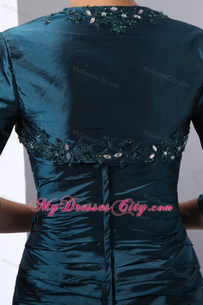 Ruched and Beaded Bodice Long Peacock Green Mother Bride Dress