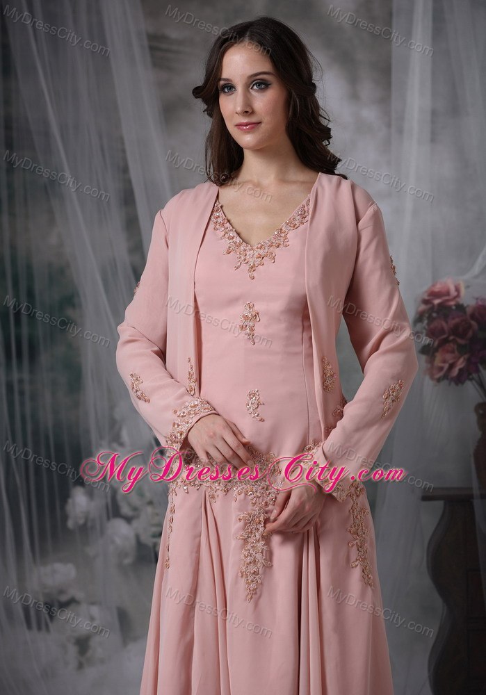 Pink Asymmetrical V-neck Appliqued Mother of the Bride Dress