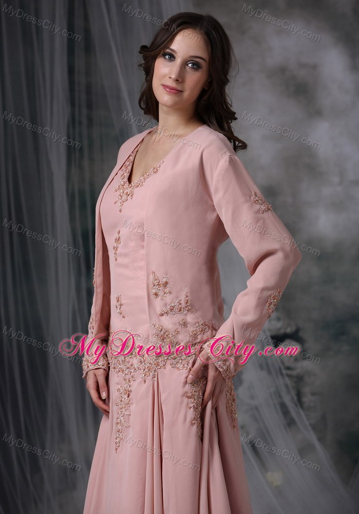 Pink Asymmetrical V-neck Appliqued Mother of the Bride Dress