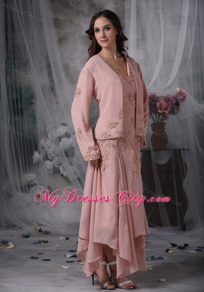 Pink Asymmetrical V-neck Appliqued Mother of the Bride Dress