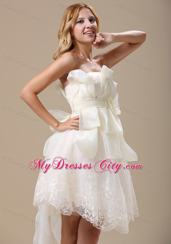 2013 Princess Lace Strapless White Bow Flowers Wedding Bridal Gown