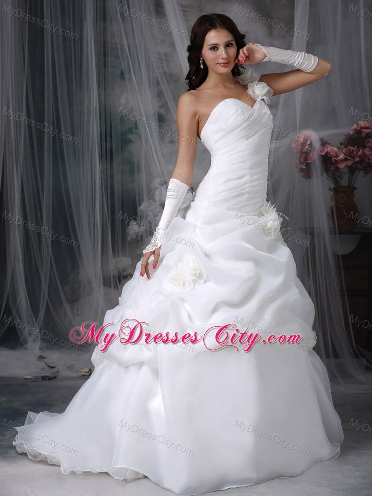 2013 Romantic Dropped Waist One Shoulder Flowers Ruching Wedding Dress