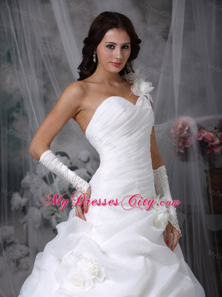2013 Romantic Dropped Waist One Shoulder Flowers Ruching Wedding Dress