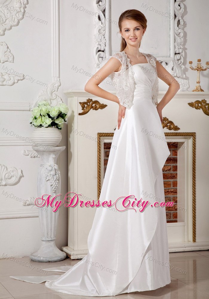 Long A-line Strapless Brush Train Beading and Bowknot Wedding Dress