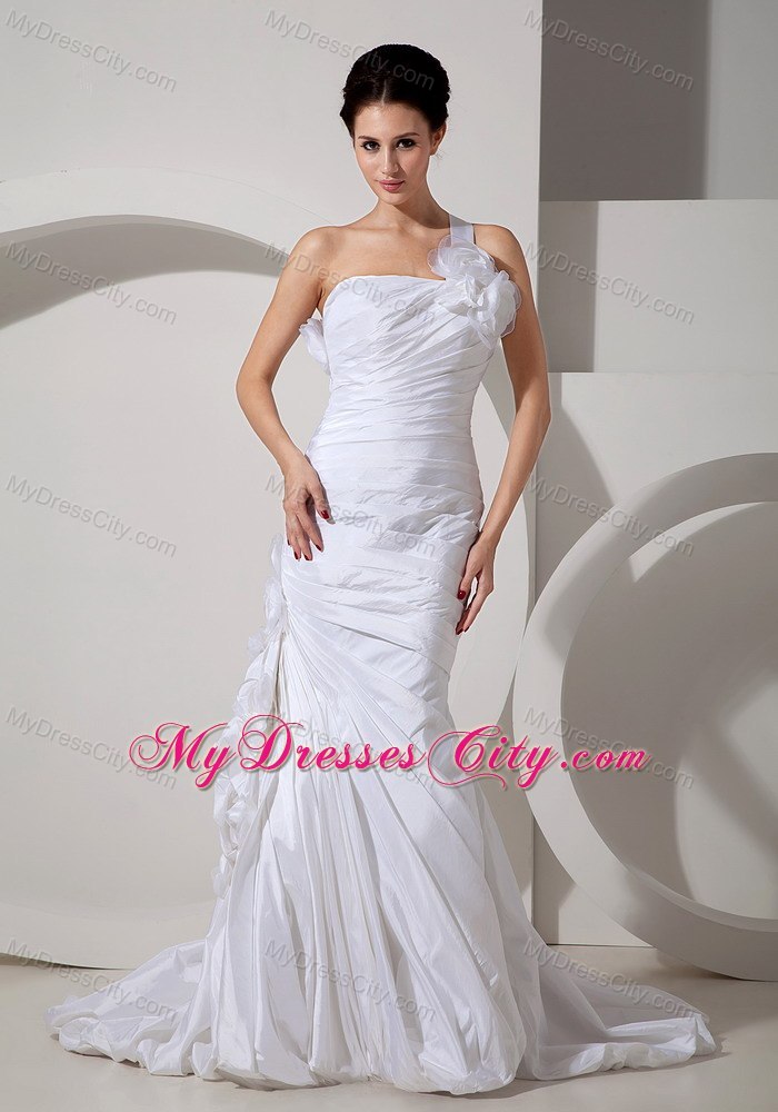 Trendy Mermaid Floor-length One Flowery Shoulder Wedding Dress with Train