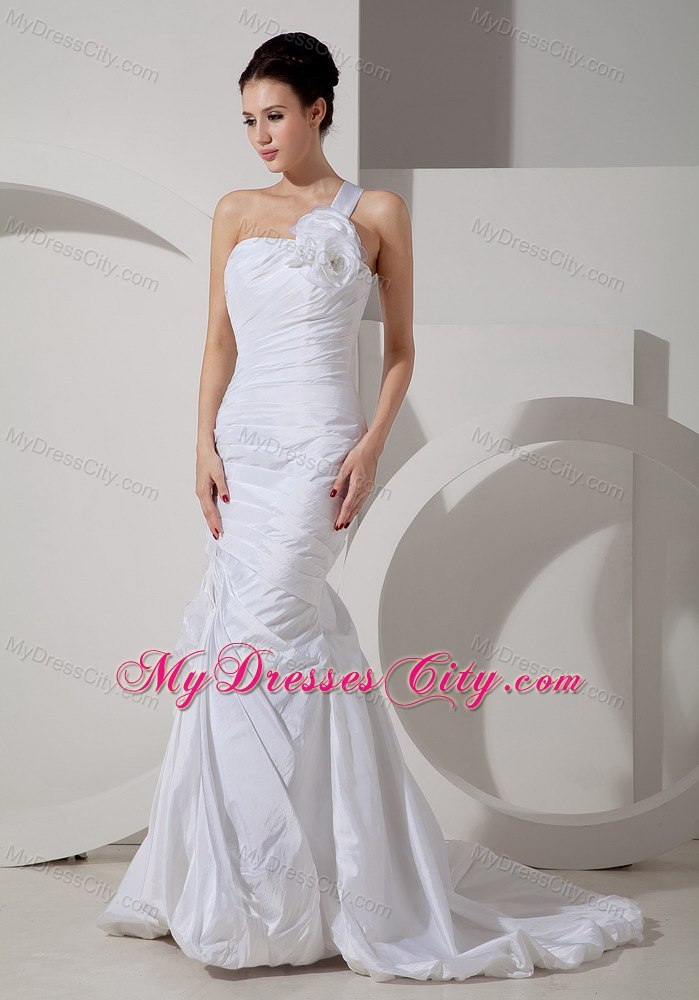 Trendy Mermaid Floor-length One Flowery Shoulder Wedding Dress with Train