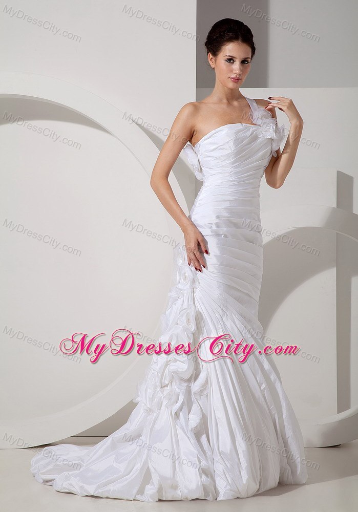 Trendy Mermaid Floor-length One Flowery Shoulder Wedding Dress with Train