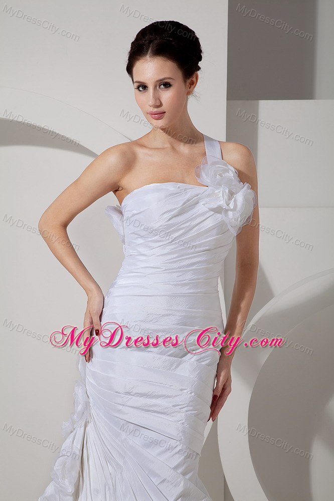 Trendy Mermaid Floor-length One Flowery Shoulder Wedding Dress with Train