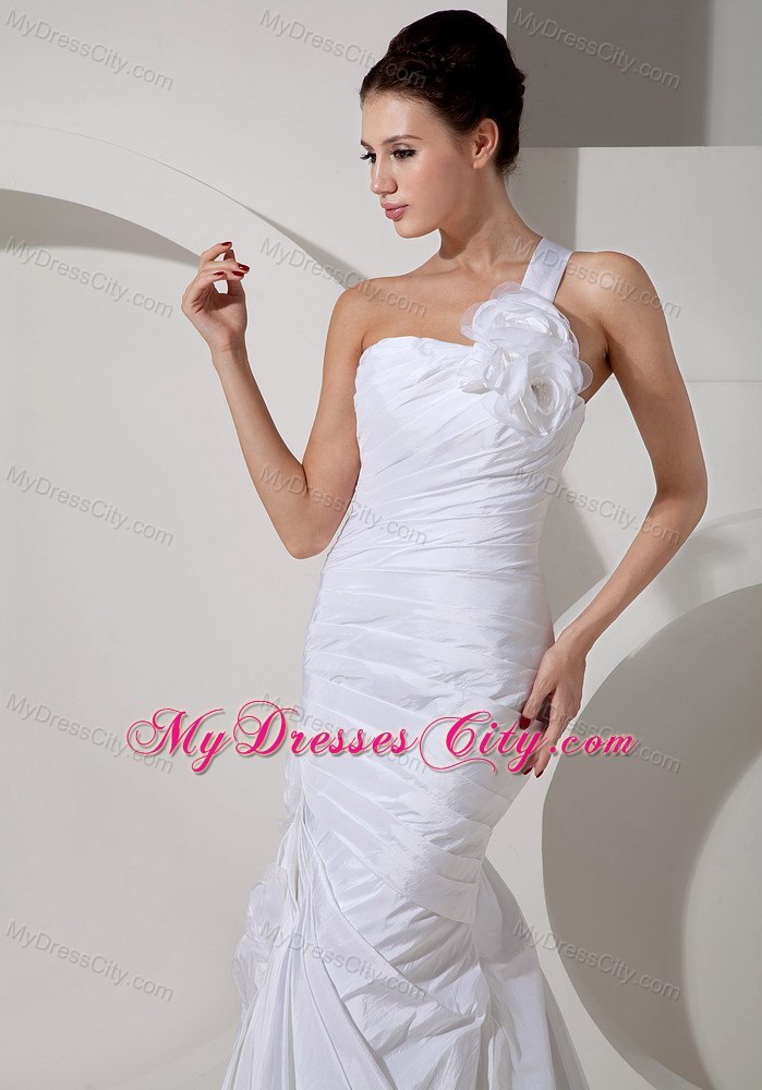 Trendy Mermaid Floor-length One Flowery Shoulder Wedding Dress with Train