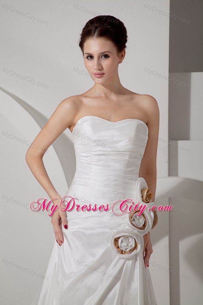 A-line Sweetheart Ruched Handmade Flower Wedding Dress with Court Train