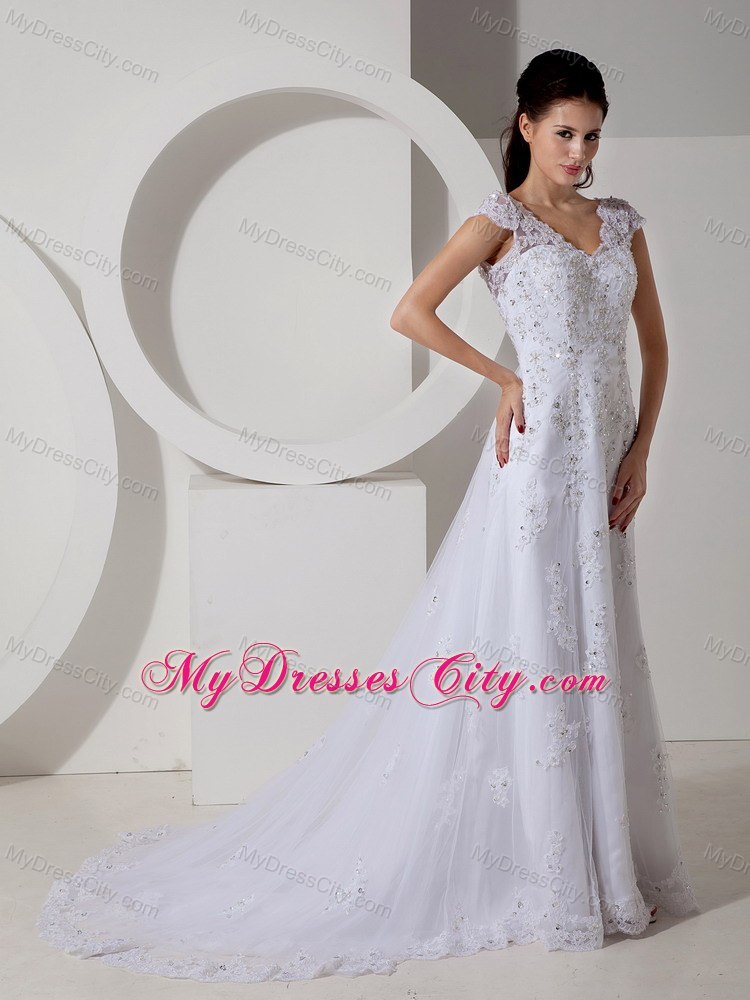 High-class Column V-neck Beaded Lace Wedding Dress with Court Train