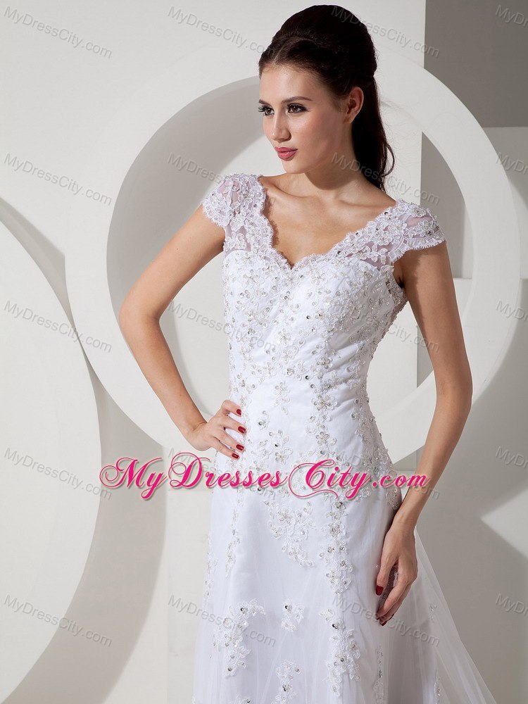 High-class Column V-neck Beaded Lace Wedding Dress with Court Train