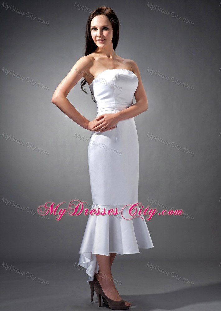 Mermaid White Strapless Tea-length Slinky Wedding Dress Zipper Back