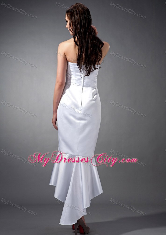 Mermaid White Strapless Tea-length Slinky Wedding Dress Zipper Back