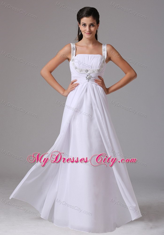 White Ruches and Appliques Decorate Wedding Dress with Wide Straps