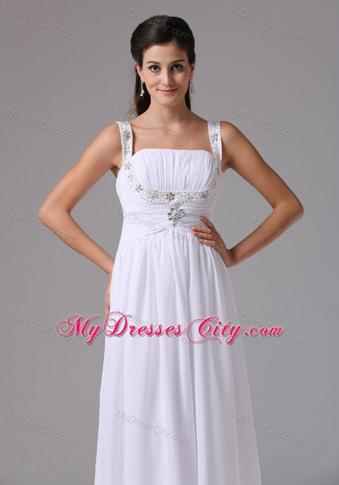 White Ruches and Appliques Decorate Wedding Dress with Wide Straps