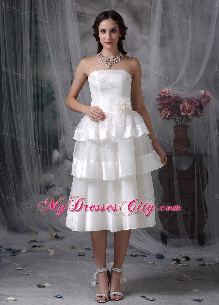 Beautiful Strapless Tea-length Hand Made Flower Wedding Dress