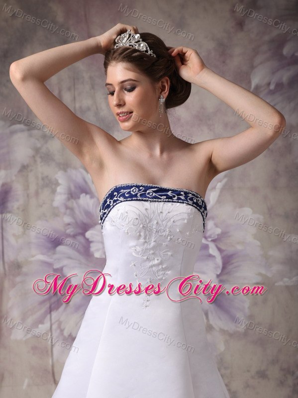 White and Blue A-line Chapel Train Embroidery Wedding Dress