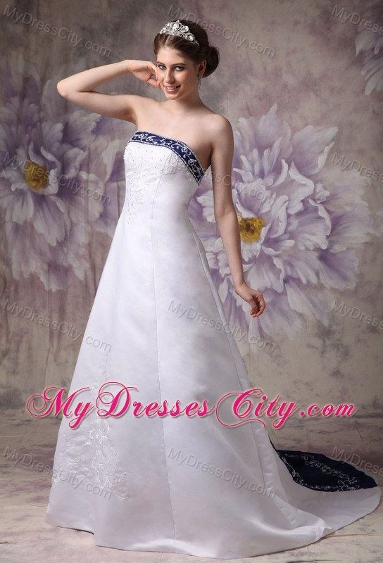 White and Blue A-line Chapel Train Embroidery Wedding Dress