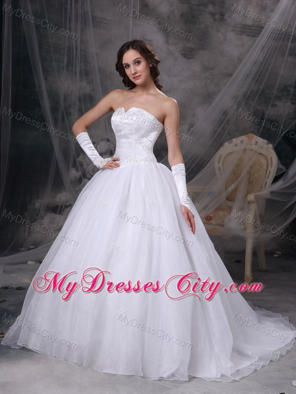 White A-line Strapless Brush Train Embroidery Wedding Dress