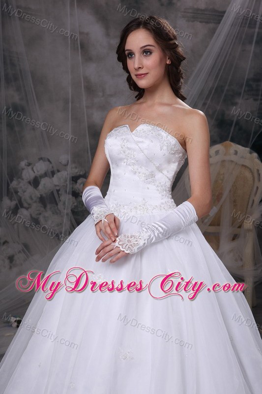 White A-line Strapless Brush Train Embroidery Wedding Dress
