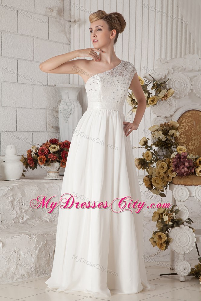 White Empire Chiffon Wedding Dress with Beaded One Shoulder