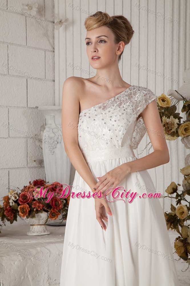 White Empire Chiffon Wedding Dress with Beaded One Shoulder