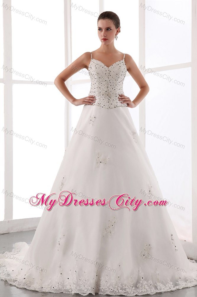 Grace Beaded Straps Bridal Dress with Lace Edged Chapel Train