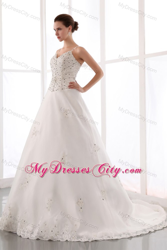 Grace Beaded Straps Bridal Dress with Lace Edged Chapel Train