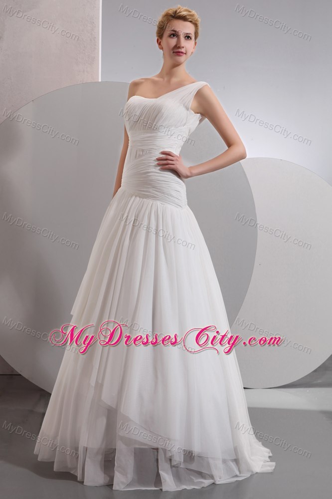 A-line One Shoulder Floor-length Chiffon Ruched Wedding Dress