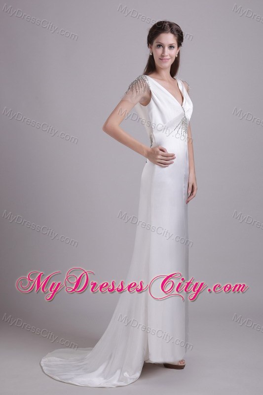 V-neck Taffeta Beading Wedding Dress with Short Sleeves