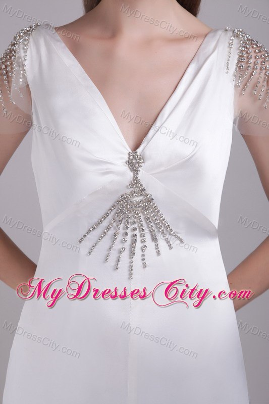 V-neck Taffeta Beading Wedding Dress with Short Sleeves