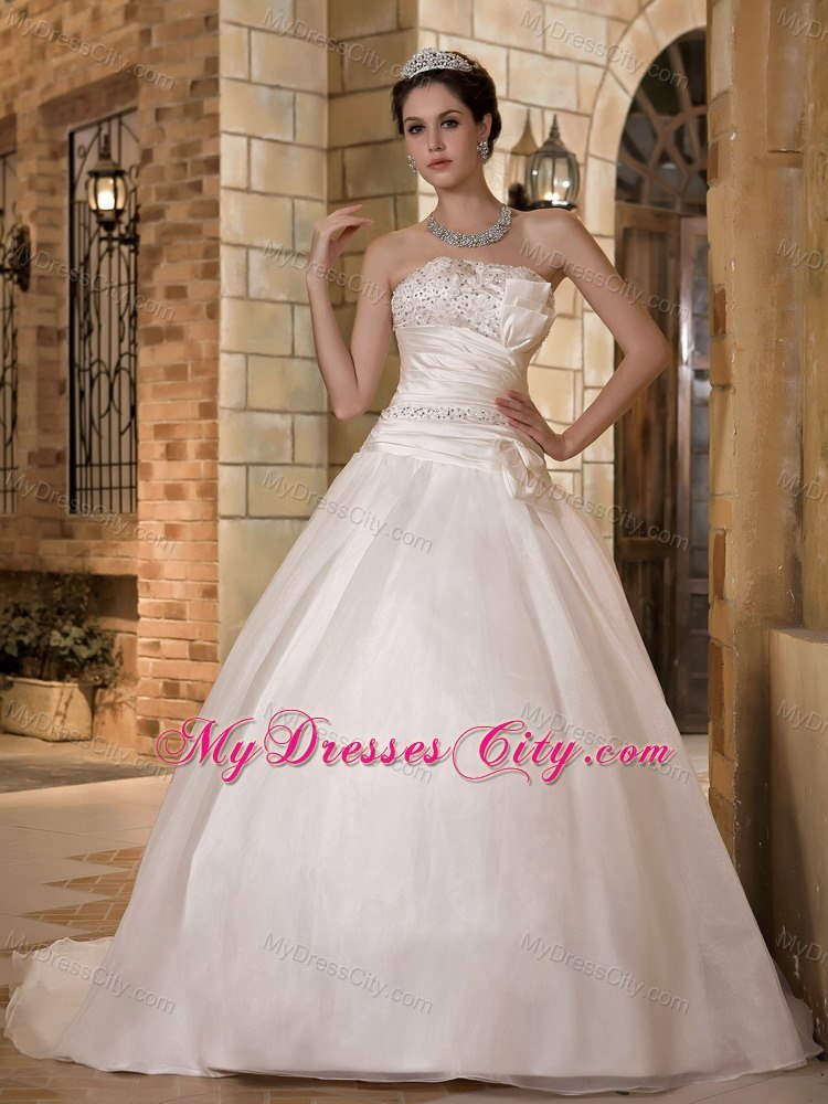 A-line Strapless Beaded Wedding Dress with Taffeta and Organza