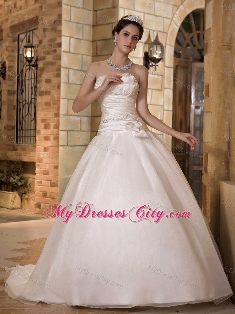 A-line Strapless Beaded Wedding Dress with Taffeta and Organza