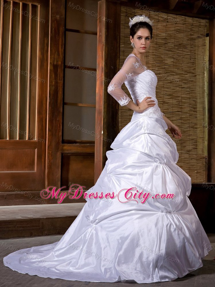 A-line Strapless Taffeta Appliques Wedding Dress with 3 4 Sleeves