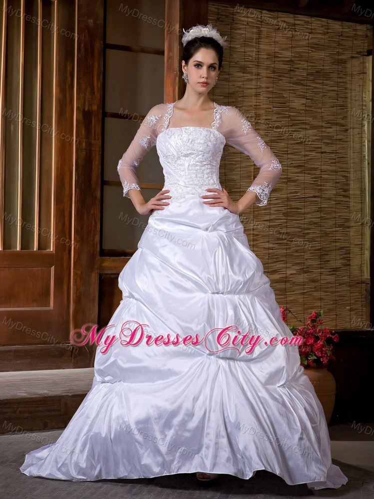 A-line Strapless Taffeta Appliques Wedding Dress with 3 4 Sleeves