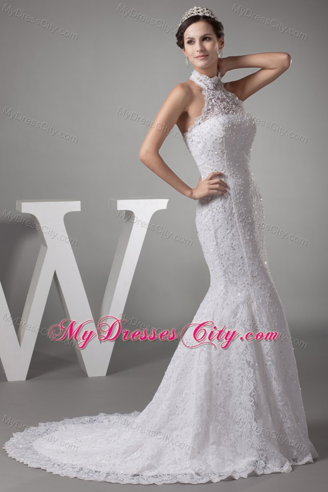 Halter Top Mermaid Lace with Beading Court Train Wedding Dress