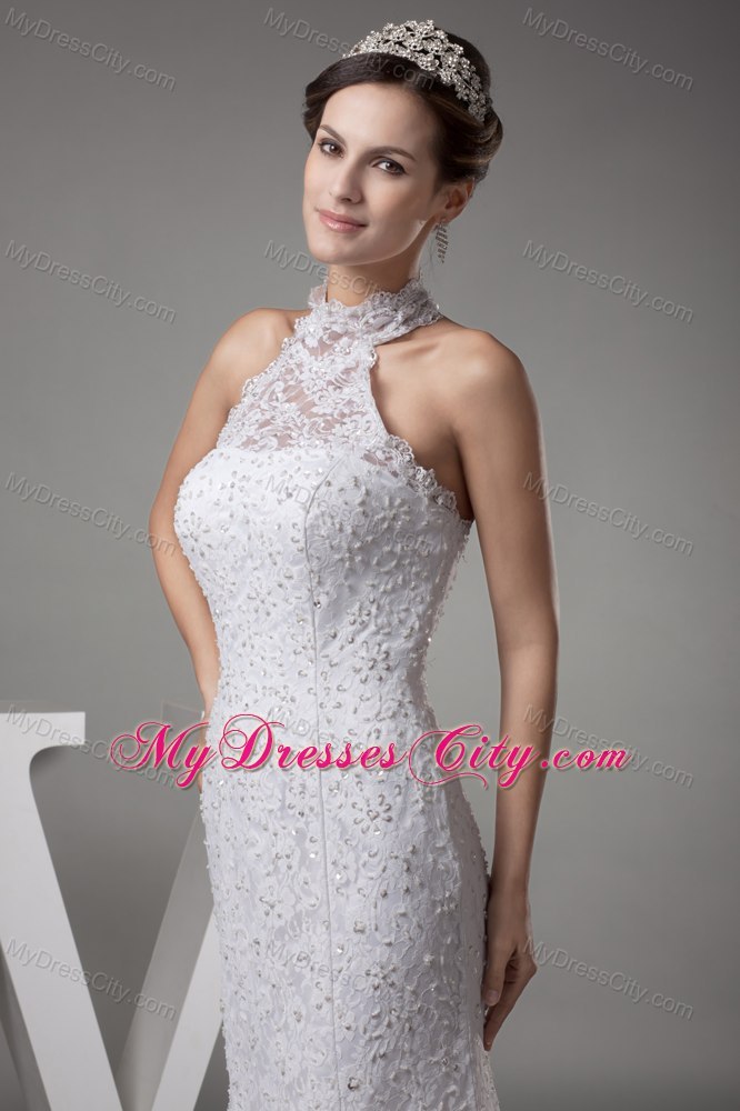 Halter Top Mermaid Lace with Beading Court Train Wedding Dress