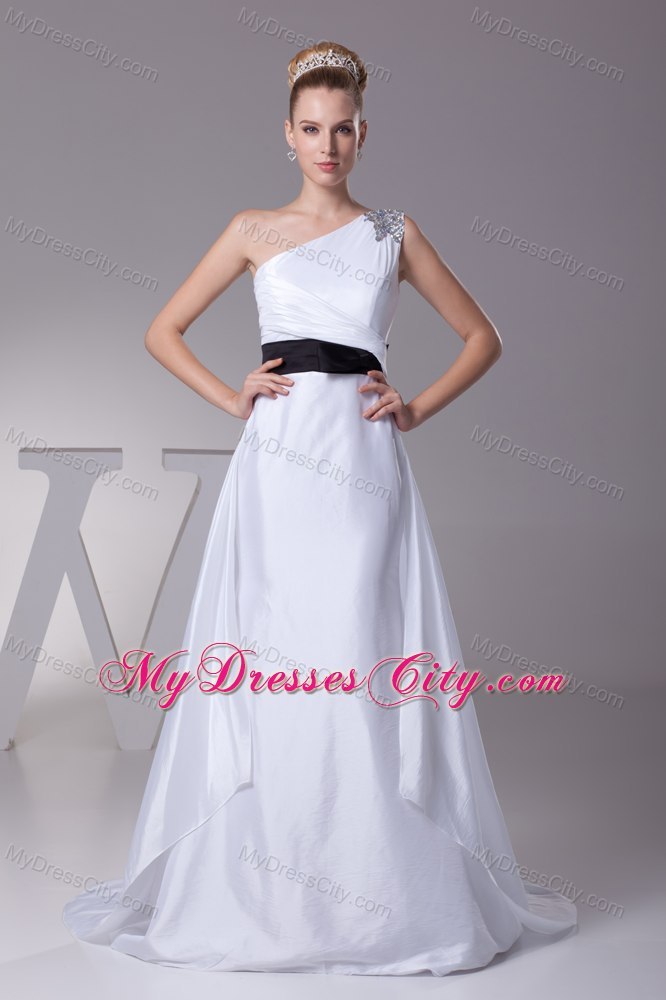 One Shoulder Beading A-Line Wedding Dress with Black Belt