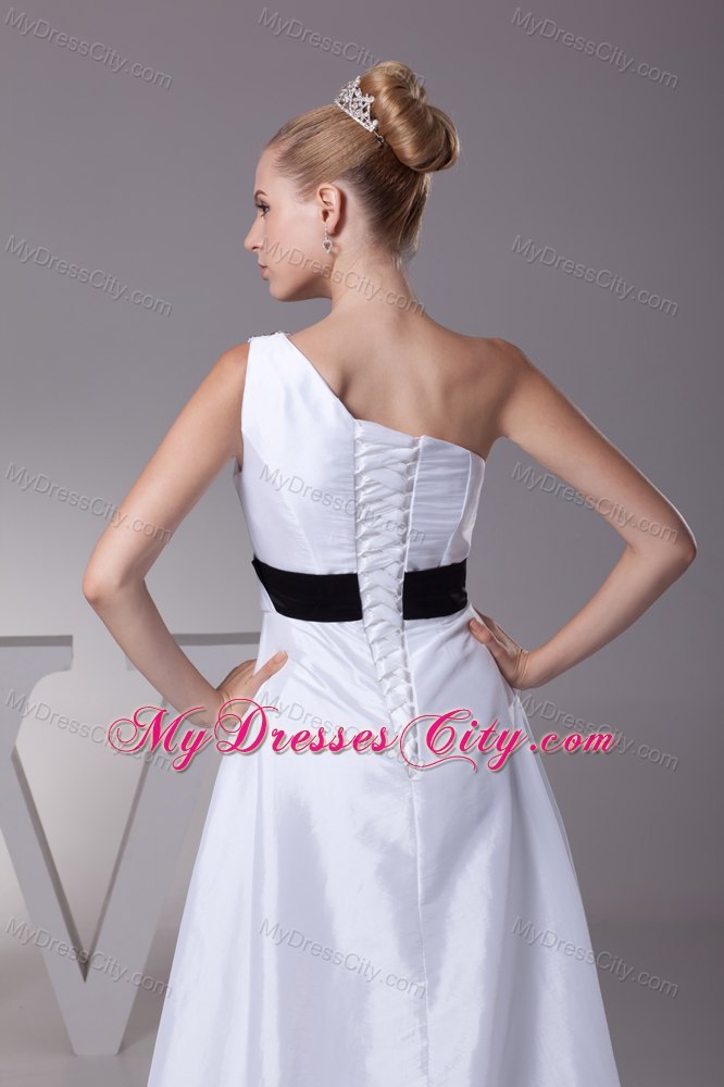 One Shoulder Beading A-Line Wedding Dress with Black Belt