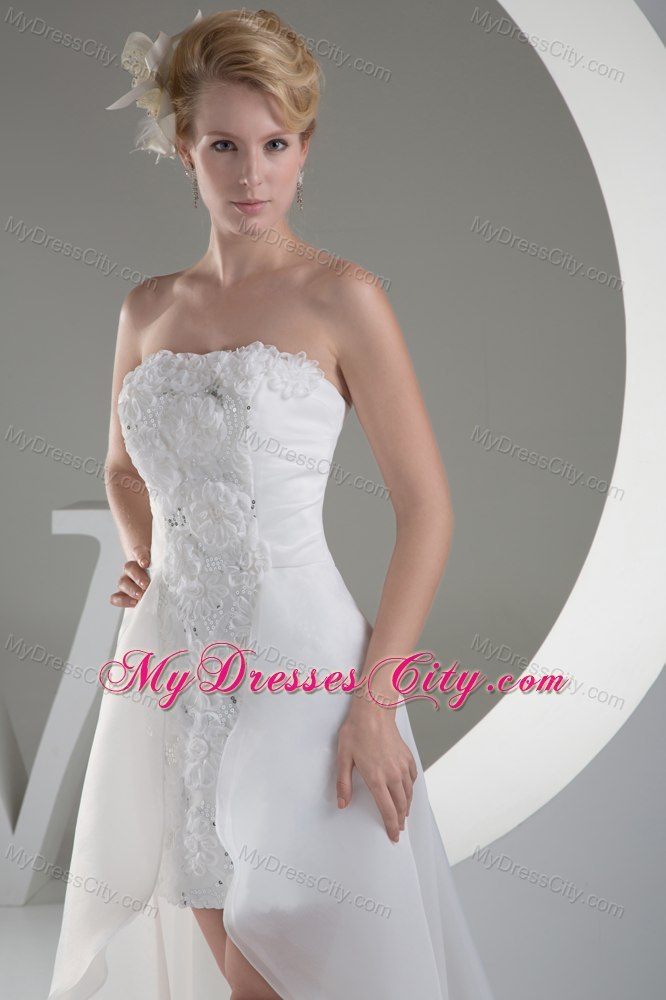 High Low Rolling Flowers and Sequins Strapless Wedding Dress