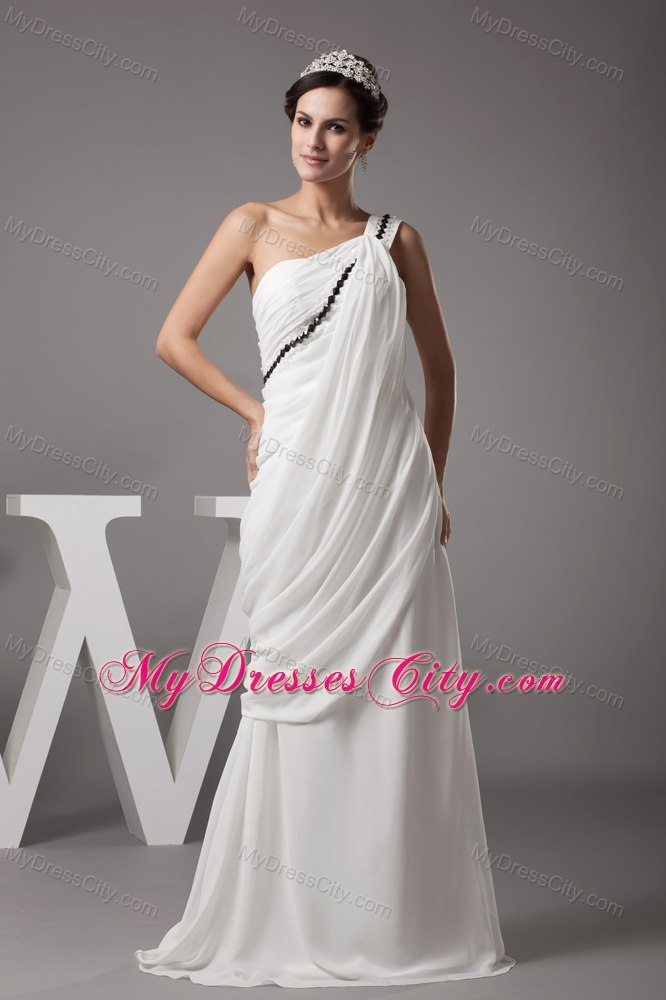 One Shoulder Beading Long Bridal Dress with Black Rhinestone
