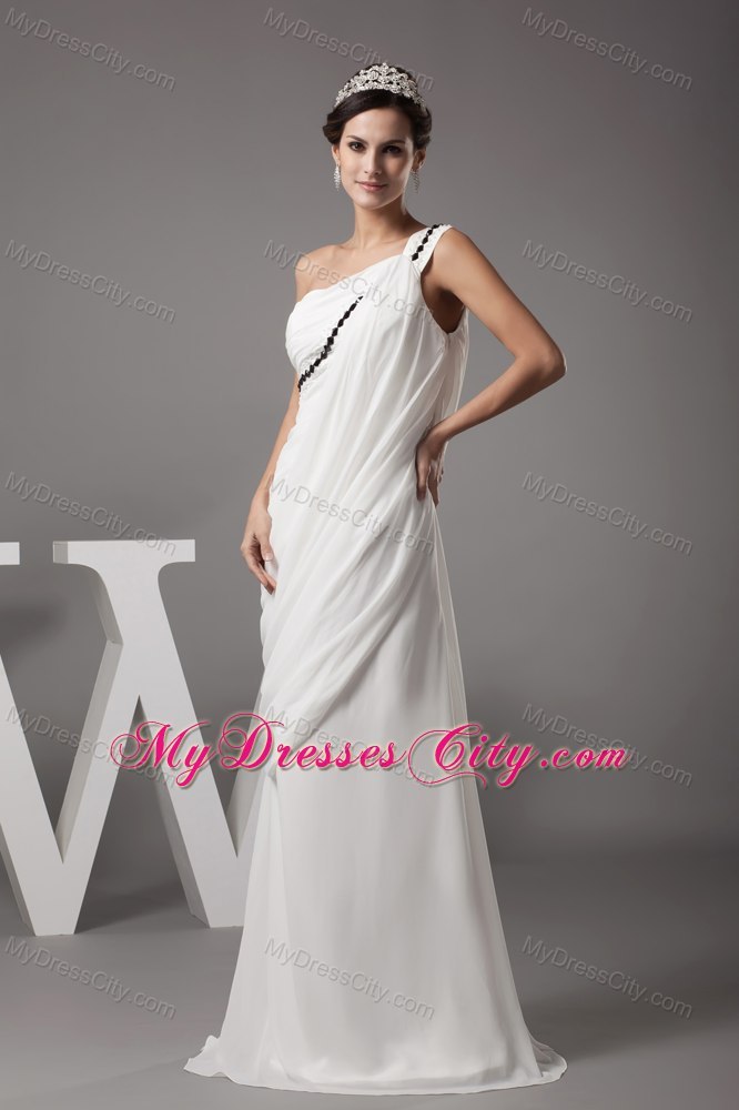One Shoulder Beading Long Bridal Dress with Black Rhinestone